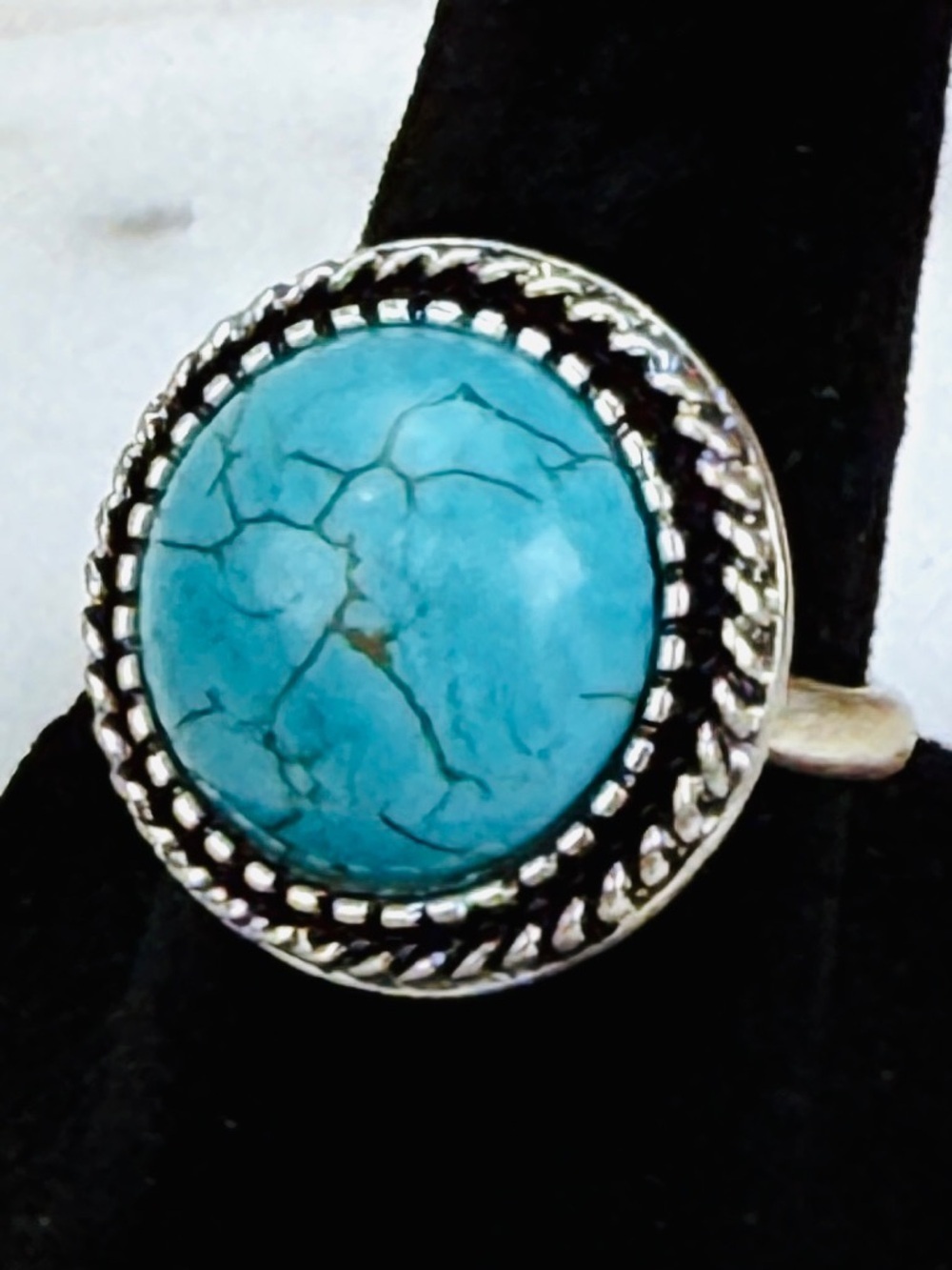 Silvertone and blue size 5 southwestern style costume ring